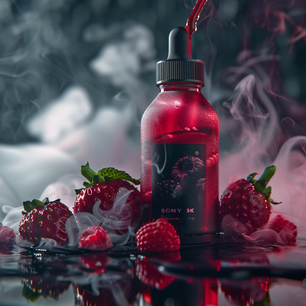 strawberry themed label on a vape bottle