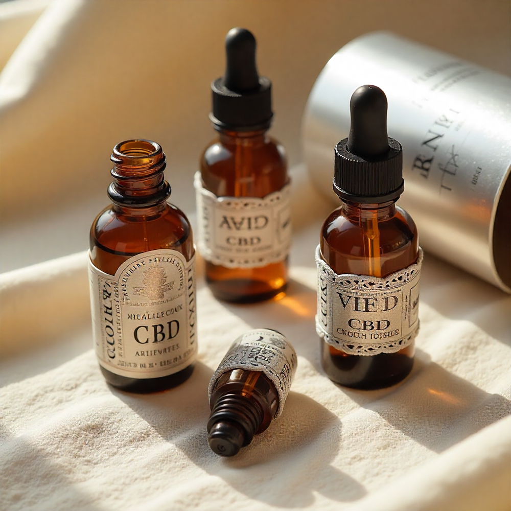 CBD products with silver crocheted labels