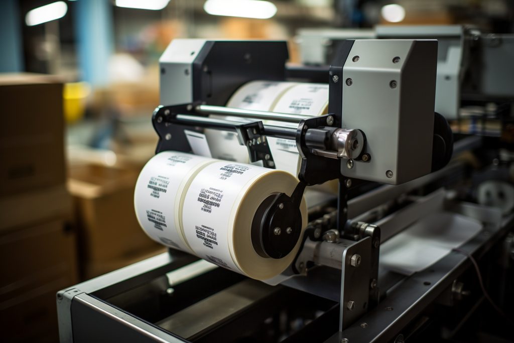 Industrial label printing machine producing custom adhesive label rolls in a printing facility